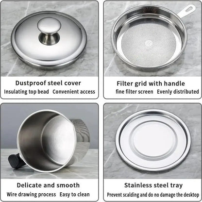 Modern Stainless Steel Oil Dispenser with Tray and Lid, Includes Filter, Ideal for Bacon Grease and Cooking Oil Storage, Kitchen Utensils and Gadgets