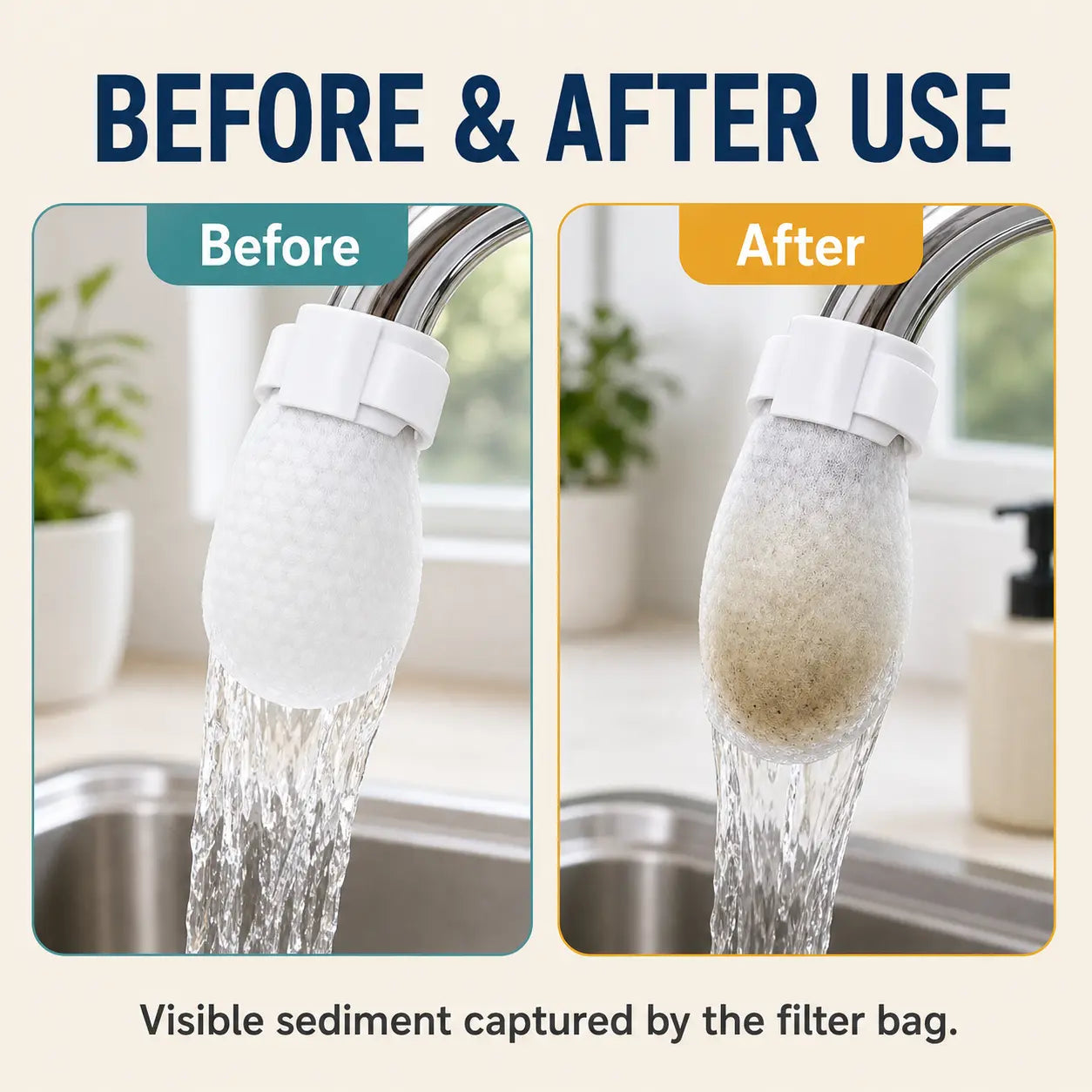PureFlow Cotton Faucet Filter Bags – 50-Piece Disposable Water Sediment Filter Socks with Fastening Straps for Kitchen & Bathroom