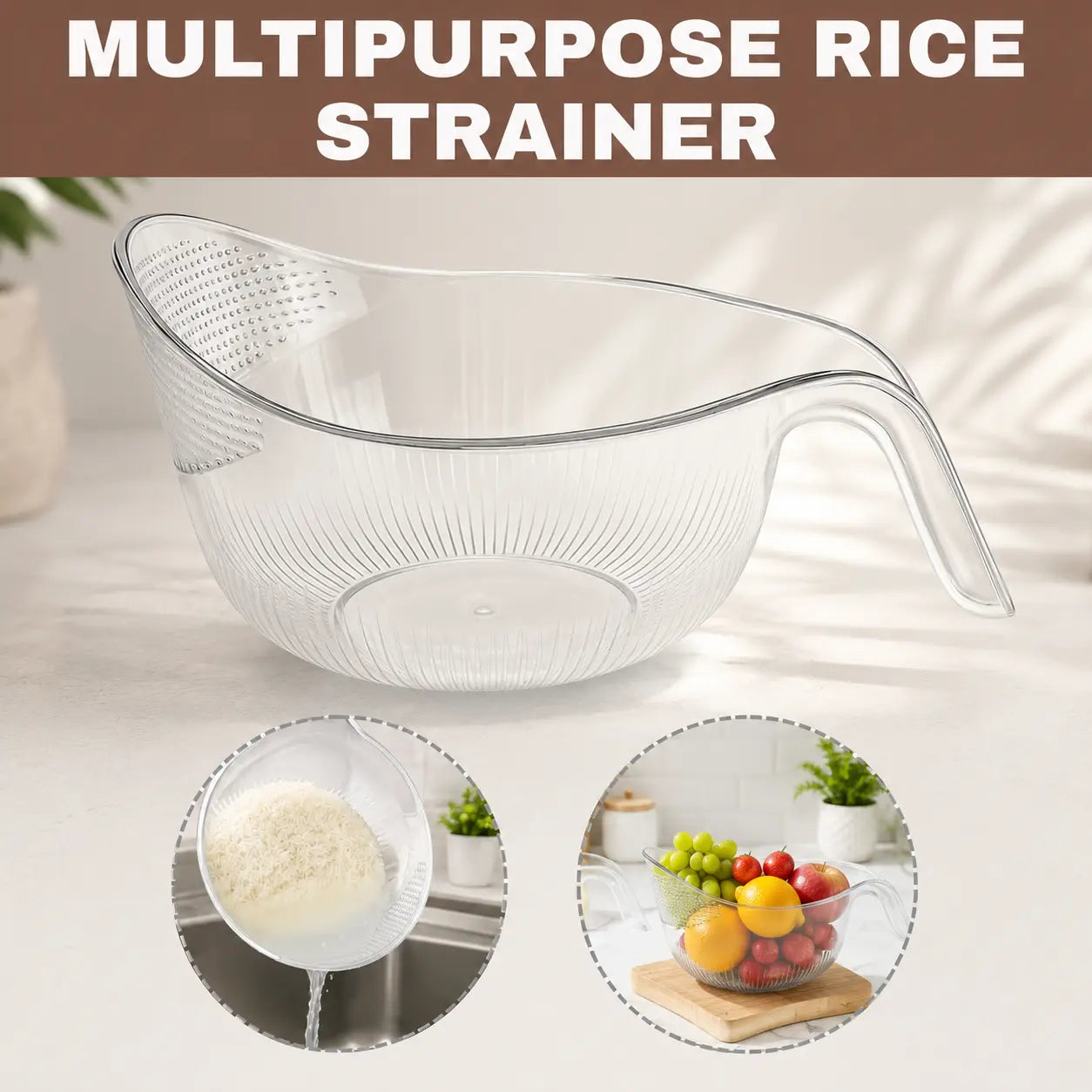 AquaRinse Multifunctional Rice Strainer Bowl – Aesthetic Plastic Colander with Handle for Washing Vegetables & Draining Fruits