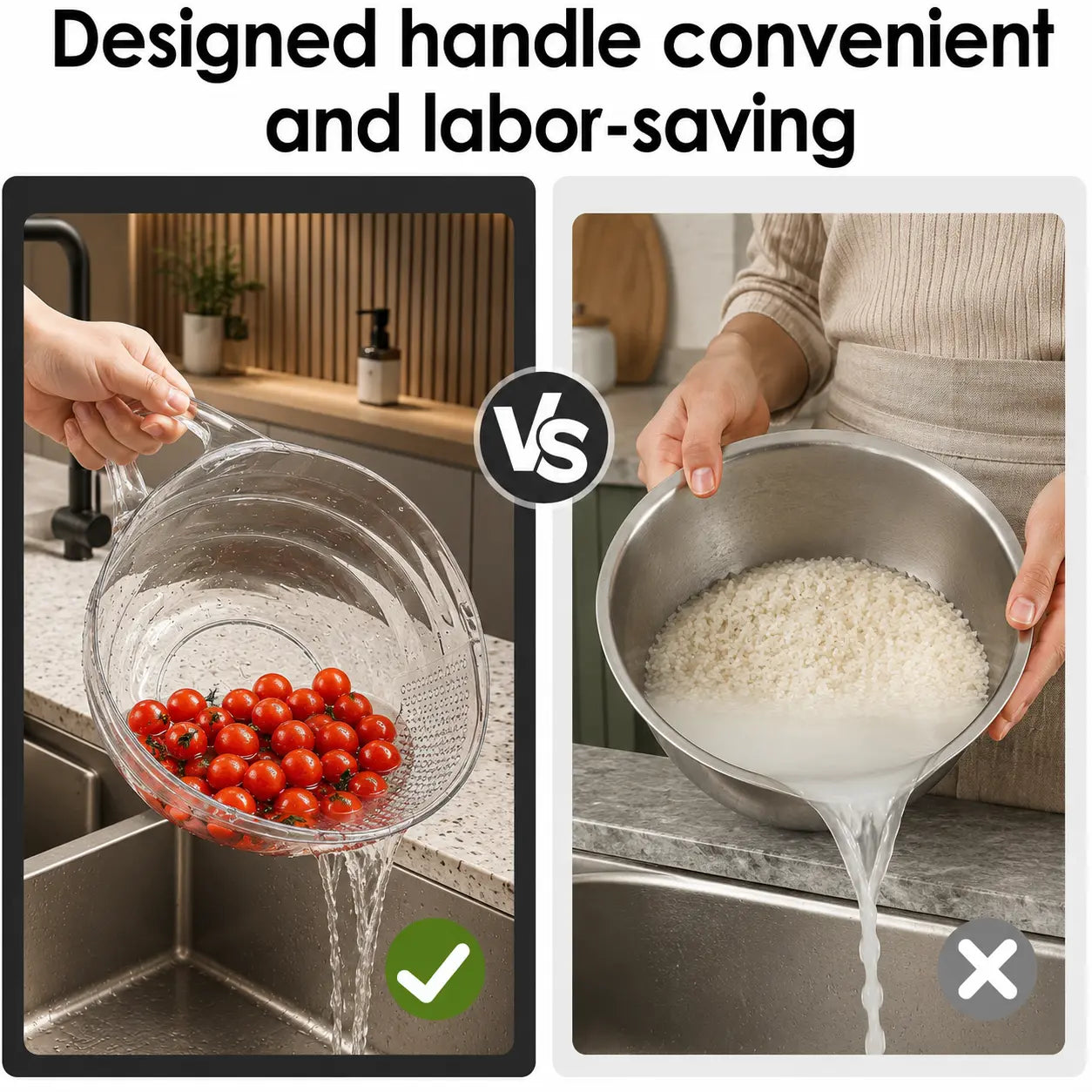 AquaRinse Multifunctional Rice Strainer Bowl – Aesthetic Plastic Colander with Handle for Washing Vegetables & Draining Fruits