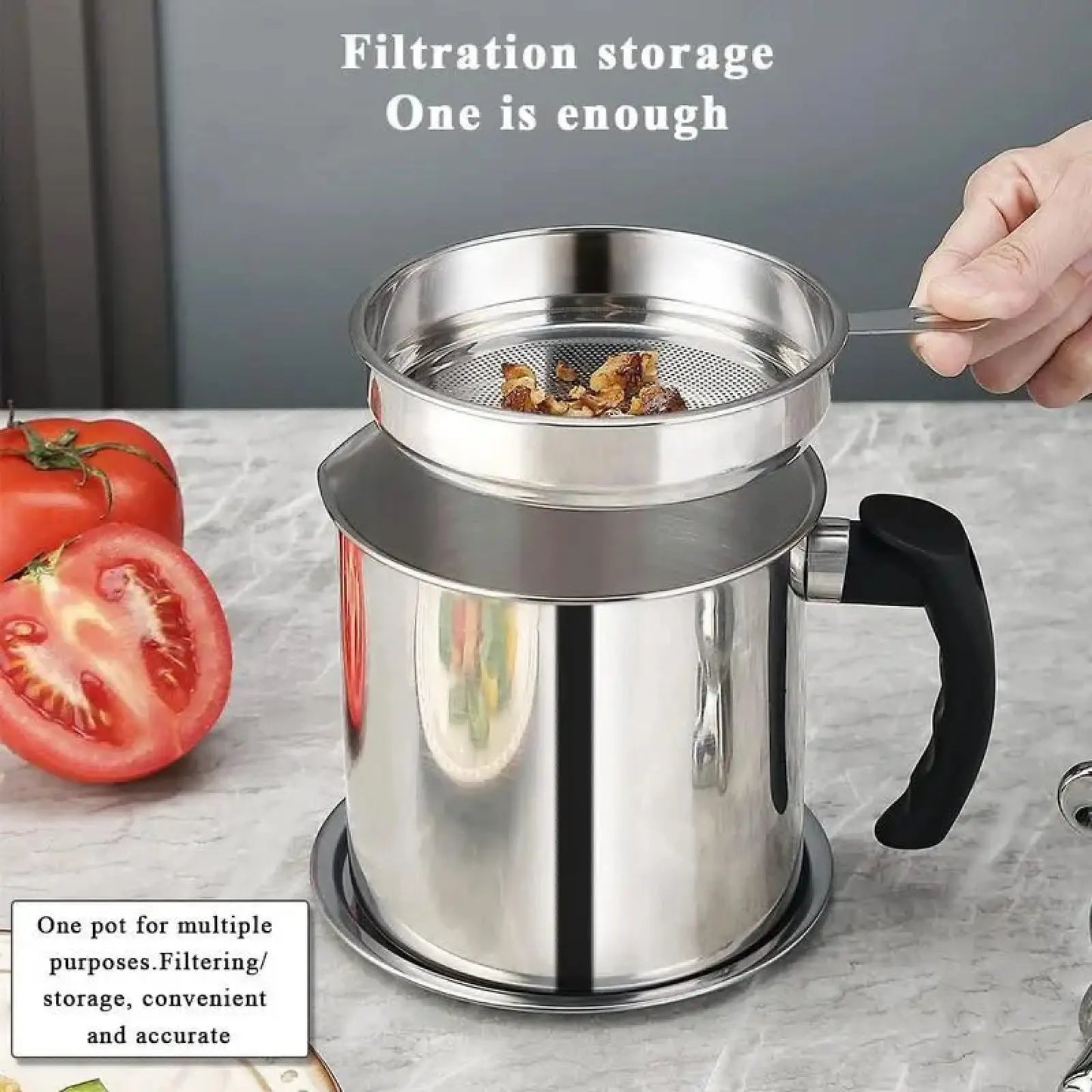 Modern Stainless Steel Oil Dispenser with Tray and Lid, Includes Filter, Ideal for Bacon Grease and Cooking Oil Storage, Kitchen Utensils and Gadgets