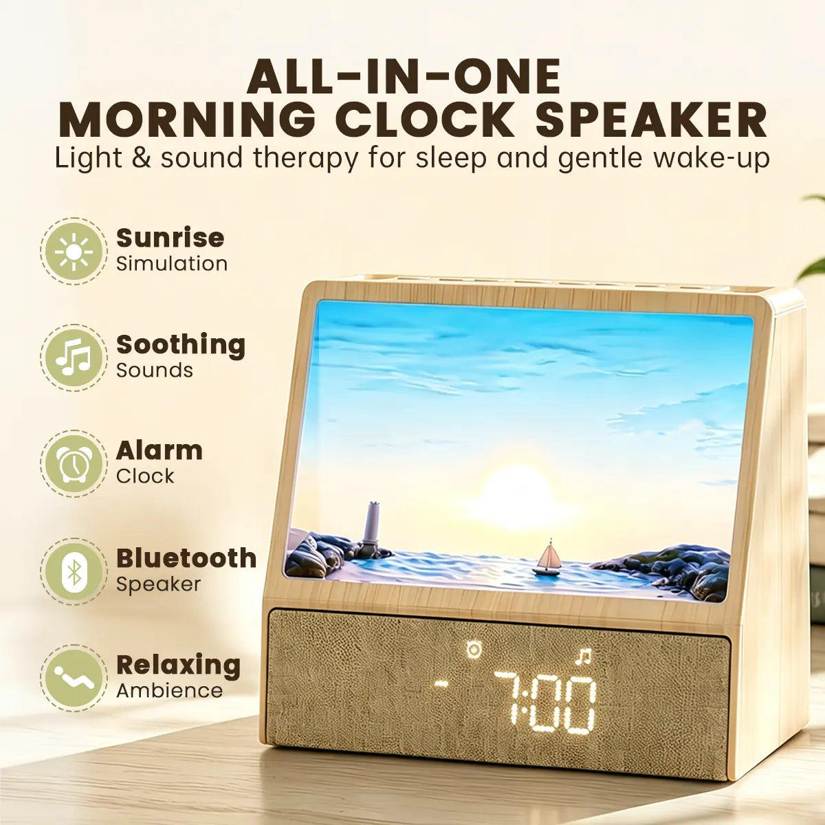 AuraWake Sunrise Wake-Up Light Clock – Intelligent Sound & Light Alarm Clock with Natural White Noise Modes for Sleep