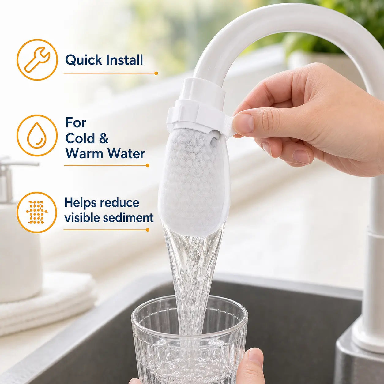 PureFlow Cotton Faucet Filter Bags – 50-Piece Disposable Water Sediment Filter Socks with Fastening Straps for Kitchen & Bathroom