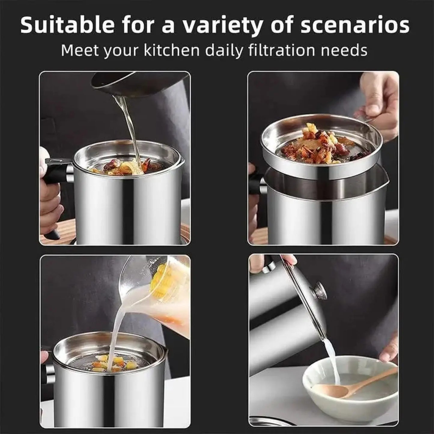 Modern Stainless Steel Oil Dispenser with Tray and Lid, Includes Filter, Ideal for Bacon Grease and Cooking Oil Storage, Kitchen Utensils and Gadgets
