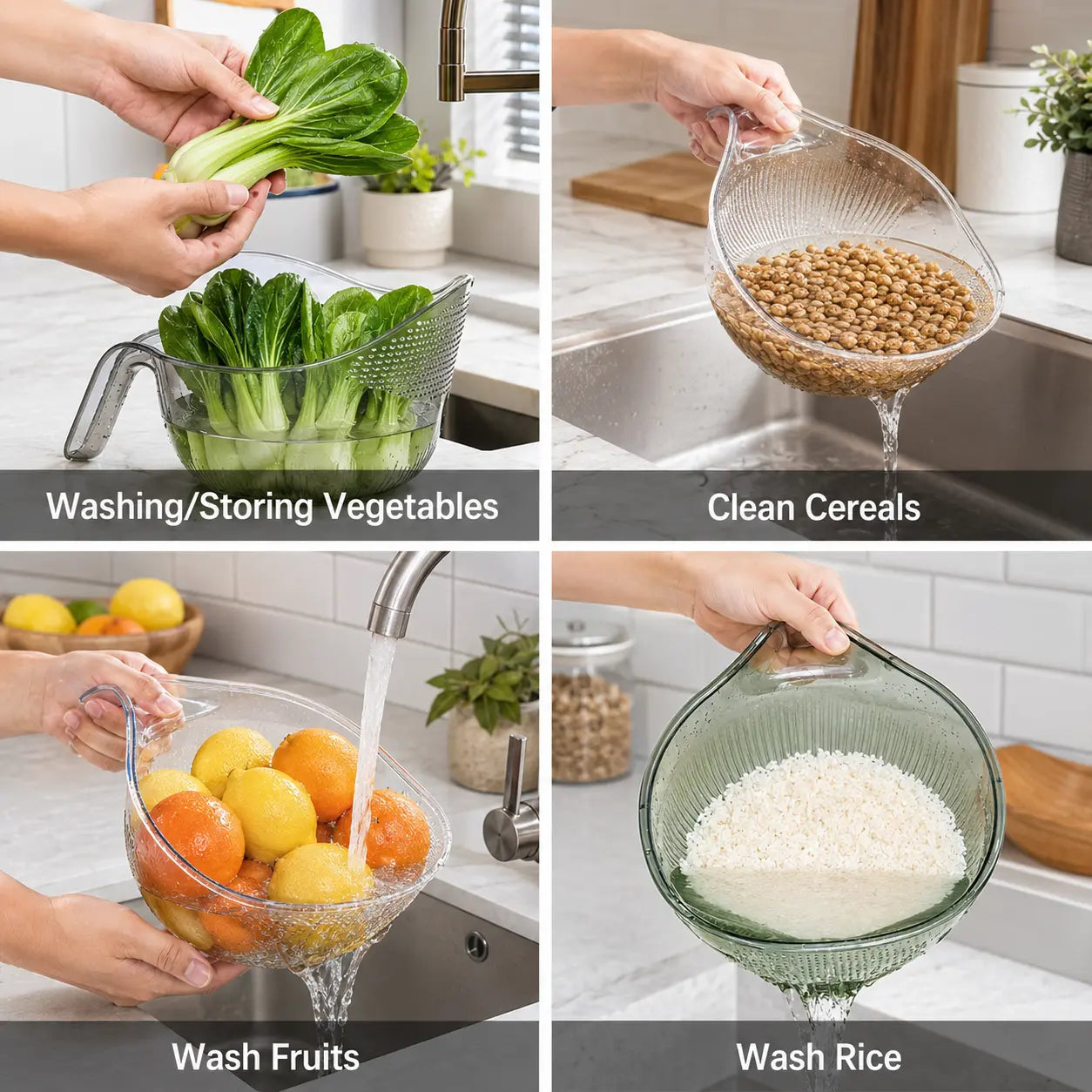 AquaRinse Multifunctional Rice Strainer Bowl – Aesthetic Plastic Colander with Handle for Washing Vegetables & Draining Fruits