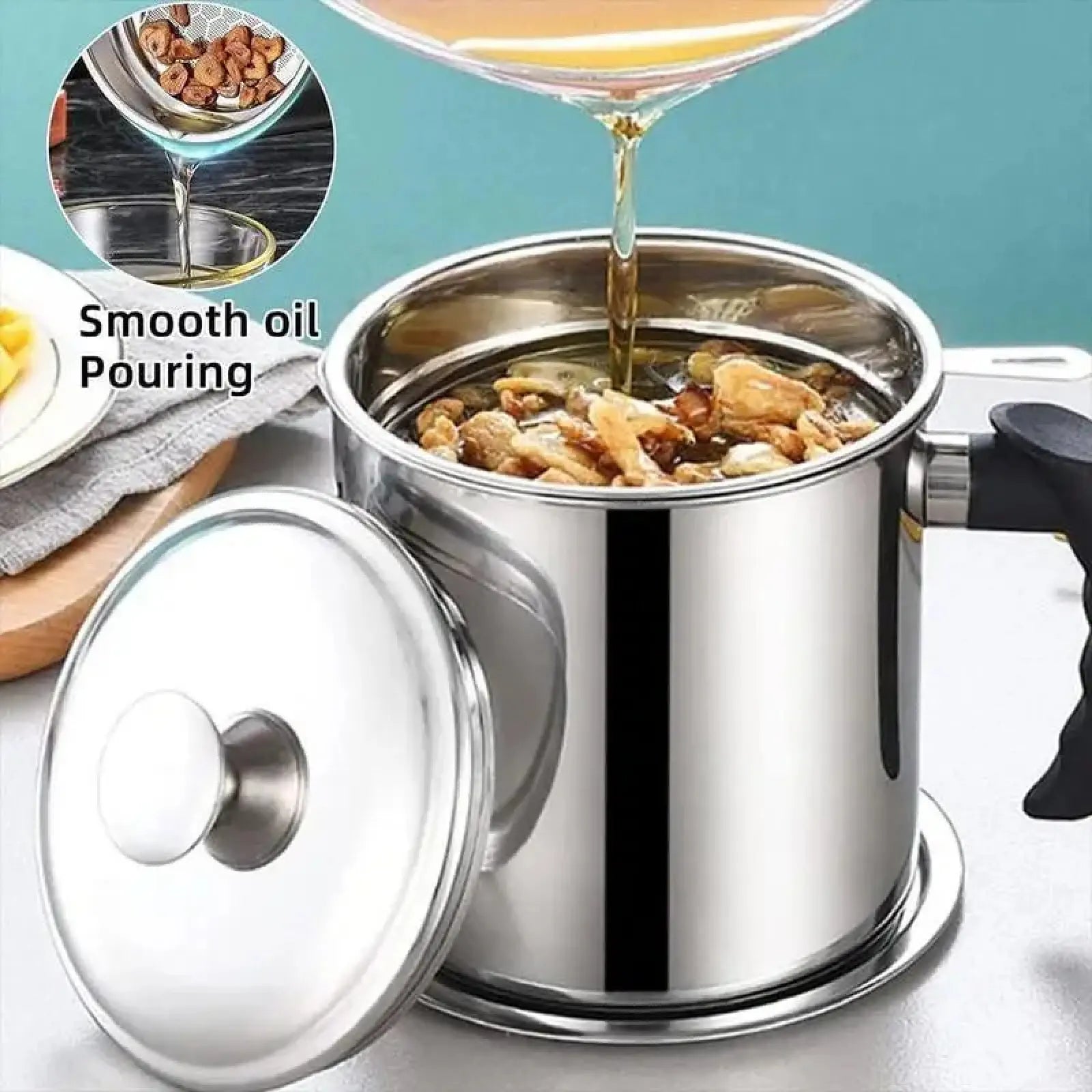 Modern Stainless Steel Oil Dispenser with Tray and Lid, Includes Filter, Ideal for Bacon Grease and Cooking Oil Storage, Kitchen Utensils and Gadgets