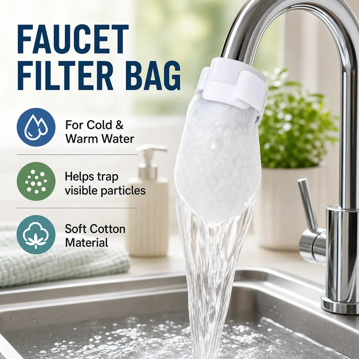 PureFlow Cotton Faucet Filter Bags – 50-Piece Disposable Water Sediment Filter Socks with Fastening Straps for Kitchen & Bathroom